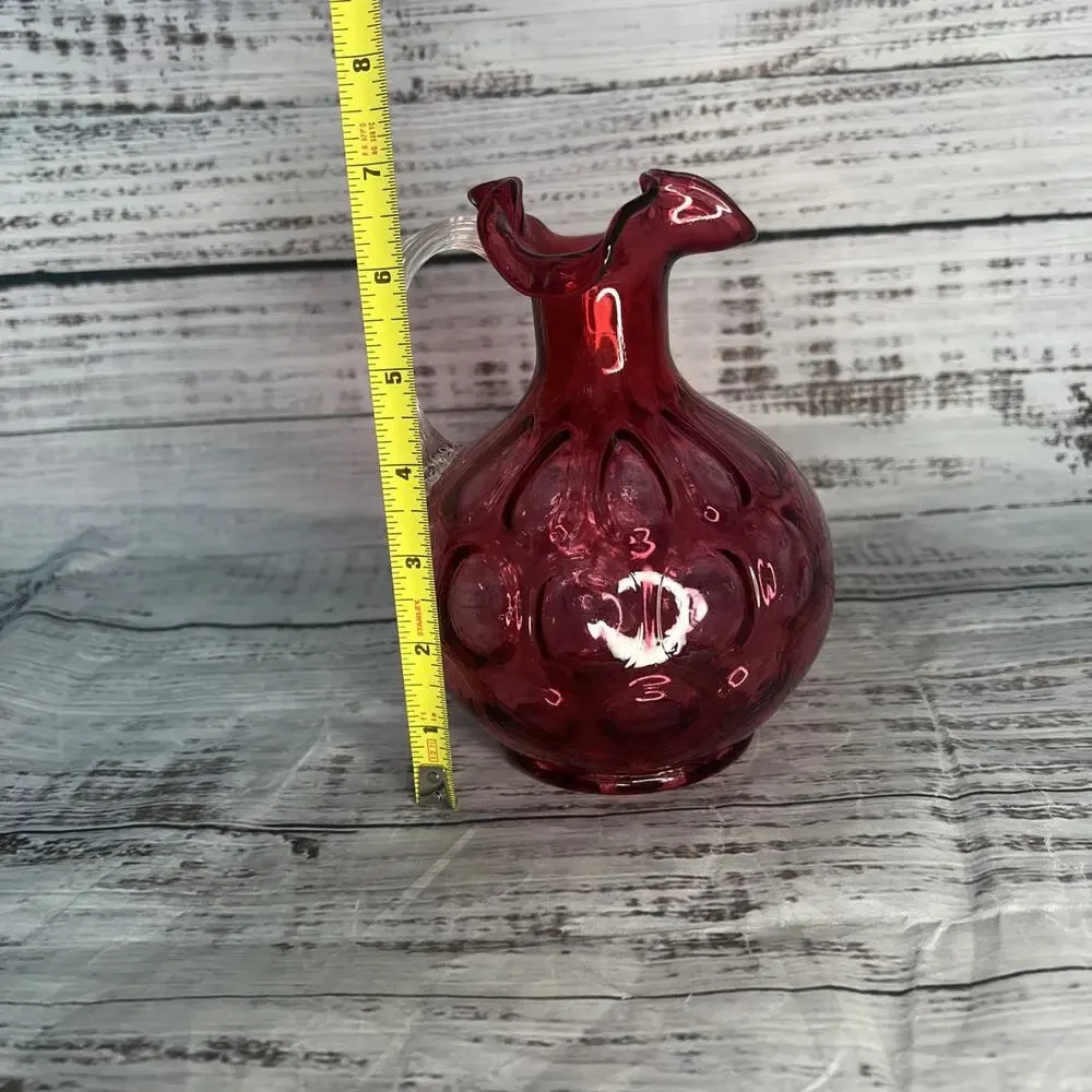 Vintage Fenton Cranberry Red Thumbprint Glass Pitcher with‎ Flared Rim 6.5